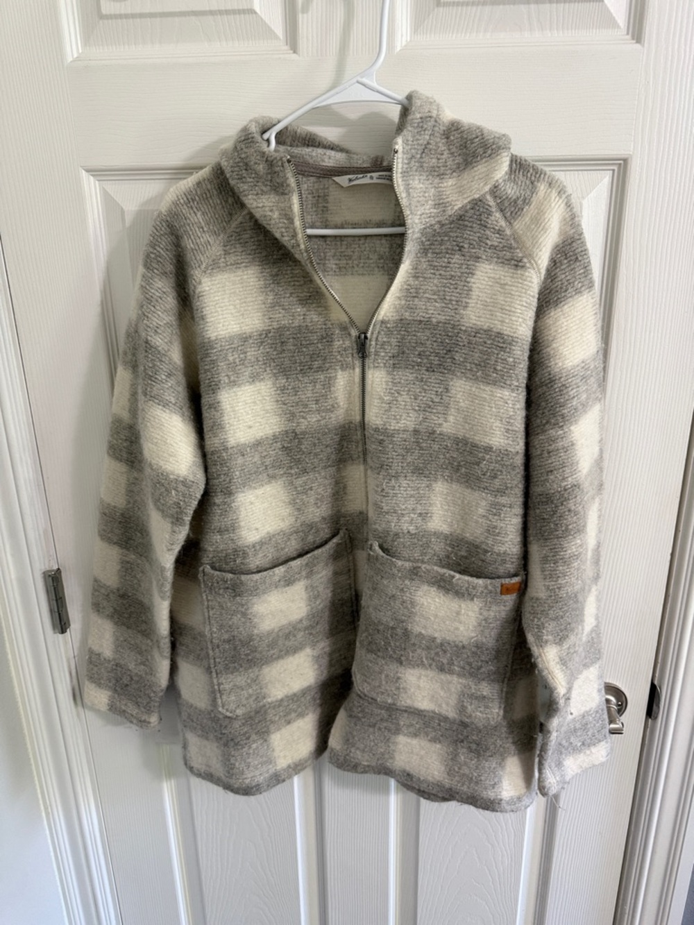 Woolrich Hooded Zip Sweater in Gray and Cream Plaid